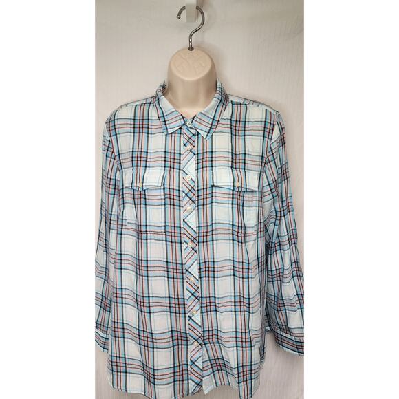 Talbots Plaid Blue/Peach Roll-Tab Sleeve Button Down Shirt Size LP - Picture 4 of 8